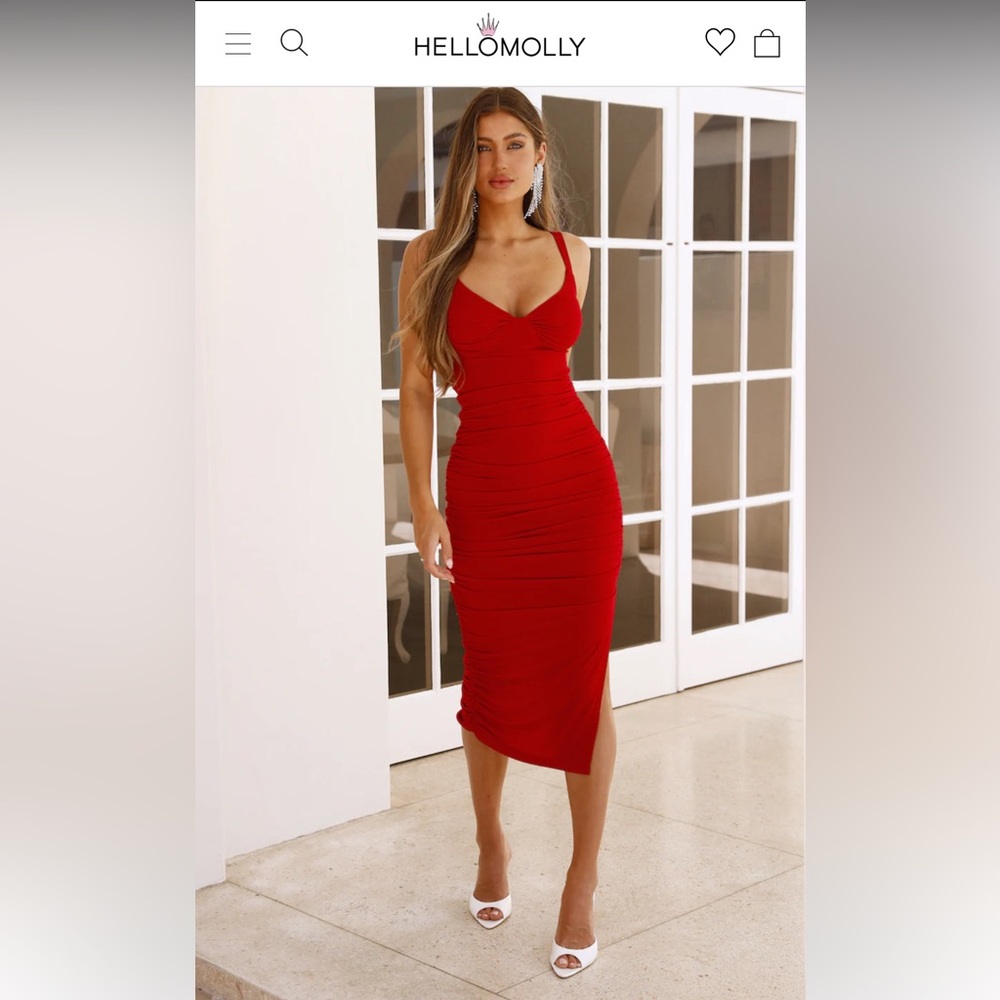 Hello Molly Red Ruched Midi Dress